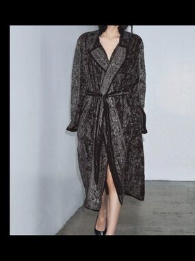 Zara Dark Brown Patterned Long Coat with Belt